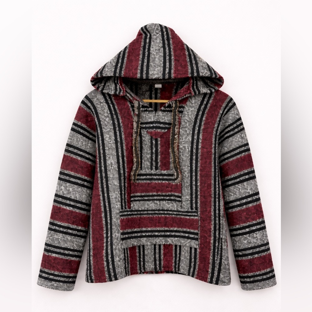 Baja Hoodie Drug Rug M Burgundy Gray Black Striped Woven Pullover Boho